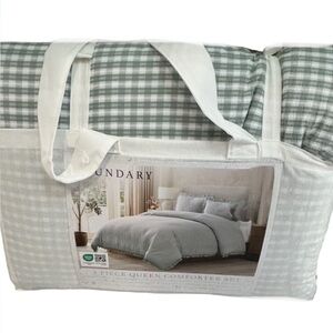 Boundary Green and White Checkered Cotton Queen Comforter Set with Ruffle Trim